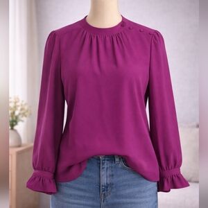 J. CREW MAGENTA BERRY POPOVER TOP WITH RUFFLE CUFFES